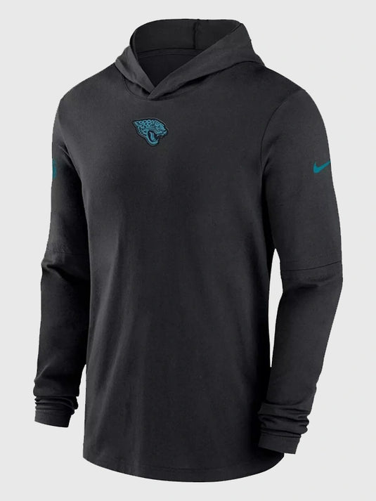 Black Dri-FIT style hooded pullover T-shirt reflecting Trevor Lawrence Jacksonville Jaguars 2025 sideline wear