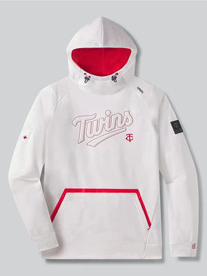 Minnesota Twins UNRL crossover fleece pullover hoodie II in white with soft-touch fabric and comfortable wear, RECREATED