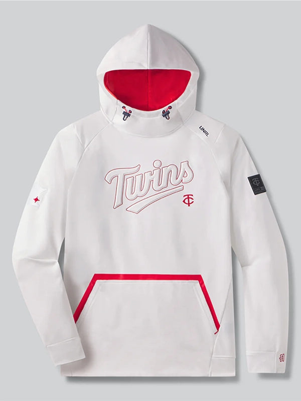 Minnesota Twins UNRL crossover fleece pullover hoodie II in white with soft-touch fabric and comfortable wear, RECREATED