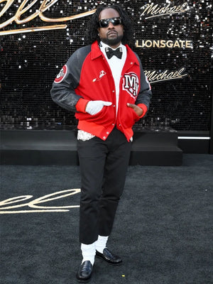Michael 2026 Biopic Premiere Wale Michael Jackson MM Varsity Jacket featuring bold contrast design and classic wool-blend construction