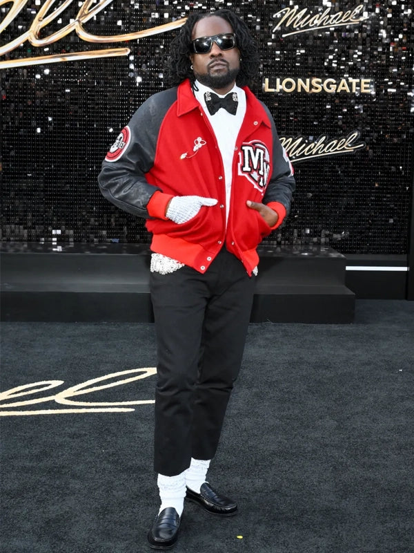 Michael 2026 Biopic Premiere Wale Michael Jackson MM Varsity Jacket featuring bold contrast design and classic wool-blend construction