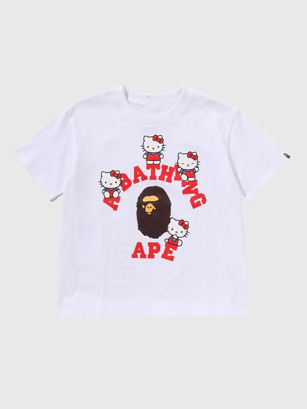 Recreated A Bathing Ape Hello Kitty 2026 College T-shirt in white with varsity-style graphic and clean crewneck silhouette