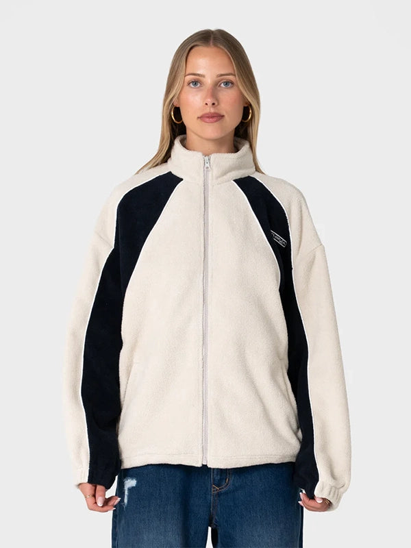 RECREATED zip-through sherpa fleece jacket from Rusty 2026 collection, designed with Two Tides detailing and a warm oversized-ready fit