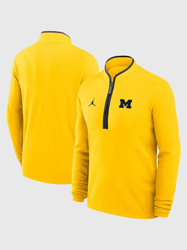 Recreated Nike 2026 Michigan Wolverines yellow Jordan Victory long sleeve quarter zip pullover with athletic fit and clean team detailing