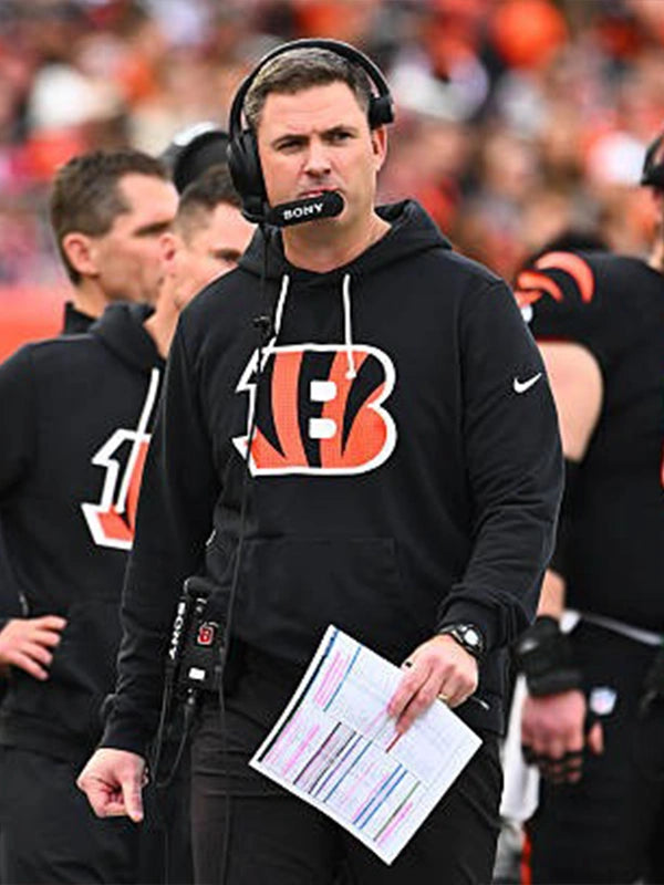 Recreated Cincinnati Bengals Nike sideline hoodie in black featuring coach-style silhouette and soft fleece interior