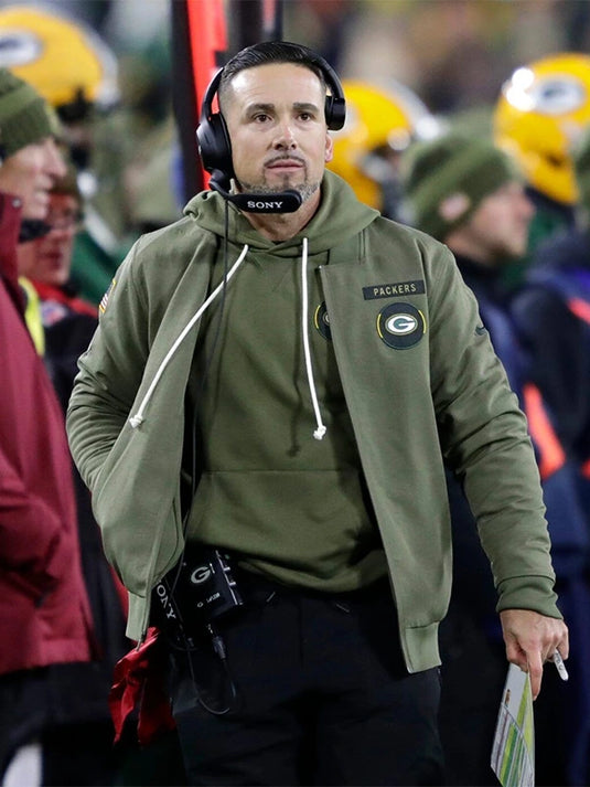 Matt LaFleur-inspired Green Bay Packers 2025 olive green cotton bomber jacket designed for comfort and performance.