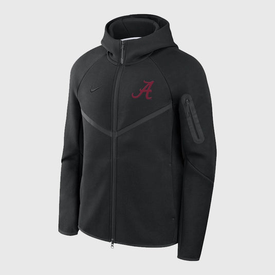 Alabama Crimson Tide Nike College Black Tech Fleece Windrunner Full-Zip Hooded Jacket featuring soft fleece fabric, full-zip design, and sleek team detailing for a modern athletic look.