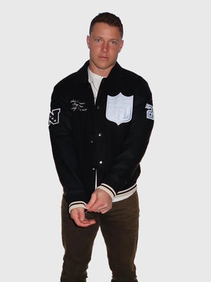 Recreated Christian McCaffrey Abercrombie varsity jacket for the 2026 Pro Bowl Games, designed with a classic black wool base and leather sleeves.