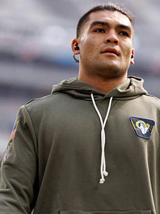 Los Angeles Rams 2025 Salute to Service Sideline Hoodie by Nike made with breathable Dri-FIT material.