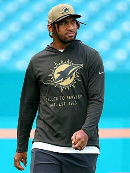 Miami Dolphins Salute to Service 2025 forest green pullover hooded T-shirt inspired by Tua Tagovailoa’s sideline outfit.