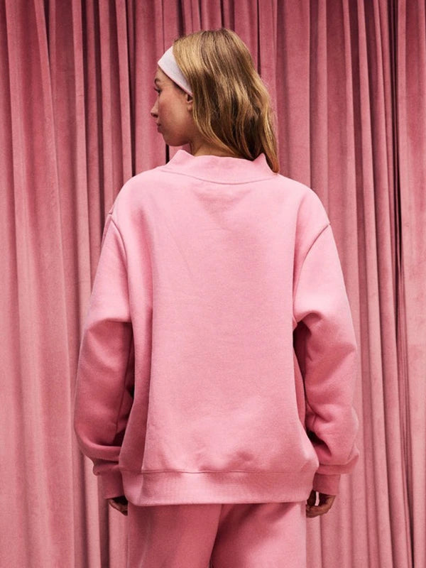 RECREATED Parke Valentine’s 2026 varsity mockneck fleece sweatshirt in deep pink with a smooth, comfortable texture