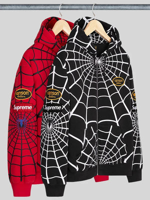 Recreated Spiderman zip up hoodie by Supreme x Vanson Leathers with adjustable hood and ribbed cuffs