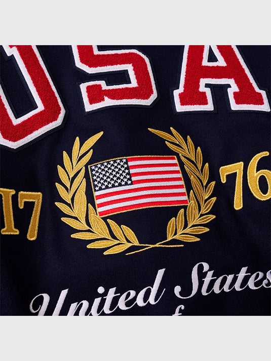 RECREATED Fanatics USA 250th Anniversary wool varsity jacket with leather sleeves in navy, limited edition