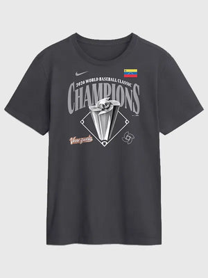 RECREATED Nike Venezuela 2026 WBC Champions Locker Room Charcoal T-Shirt showcasing lightweight comfort with standout baseball-inspired graphics