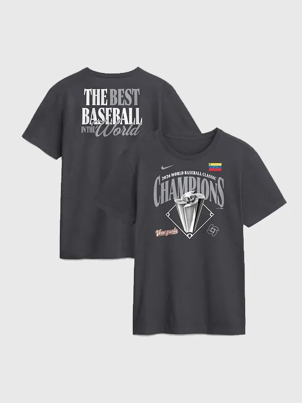 RECREATED Venezuela Nike 2026 World Baseball Classic Champions Charcoal Locker Room T-Shirt designed with a classic crewneck fit and sporty celebratory detailing