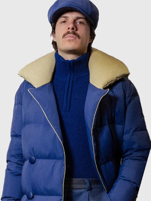 Navy blue Milano Cortina 2026 Winter Olympics victory ceremony parachute puffer coat featuring quilted padding and full front zip closure