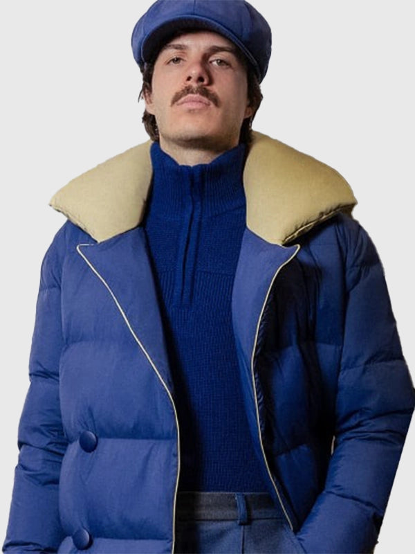 Navy blue Milano Cortina 2026 Winter Olympics victory ceremony parachute puffer coat featuring quilted padding and full front zip closure