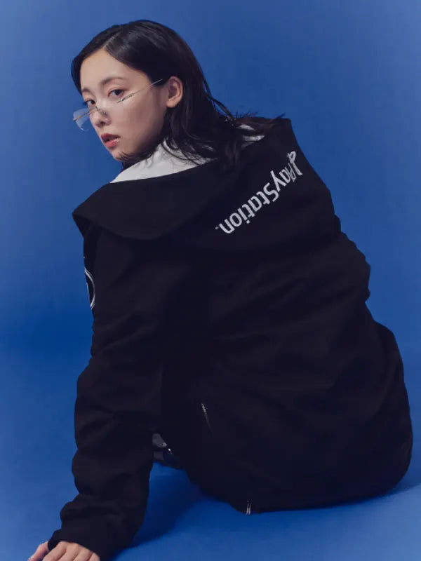 Zip-up black fleece hoodie inspired by the PlayStation and Wind and Sea collaboration design