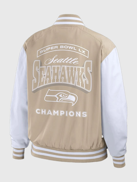 Recreated WEAR by Erin Andrews tan full-zip bomber celebrating Seattle Seahawks Super Bowl LX title with clean team details