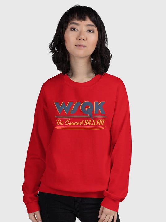 Red fleece sweatshirt featuring the Stranger Things WSQK “The Squawk” design.