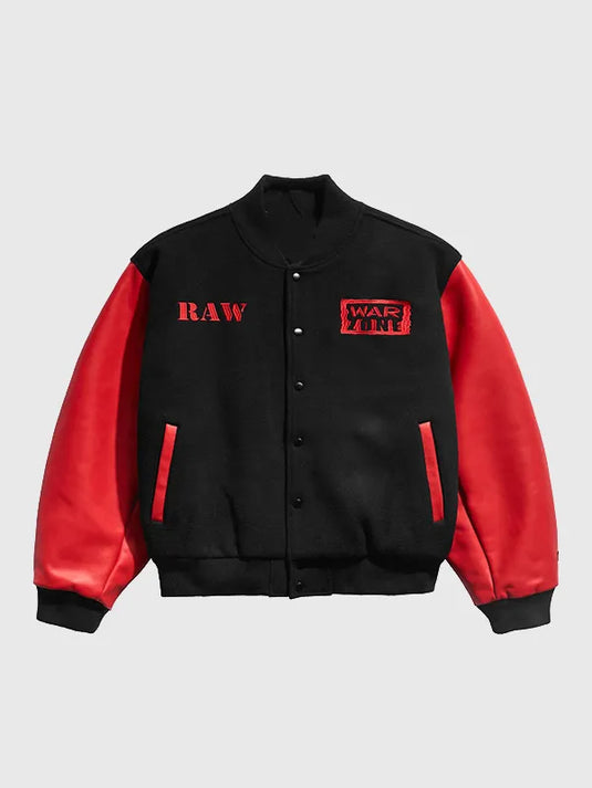 Recreated Chalk Line Raw Is War varsity jacket in black and red designed for warmth and standout retro styling