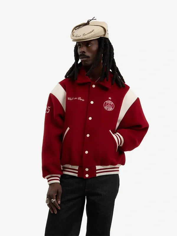 Recreated Paris Saint-Germain 2026 red wool letterman jacket combining sporty heritage design and modern streetwear appeal