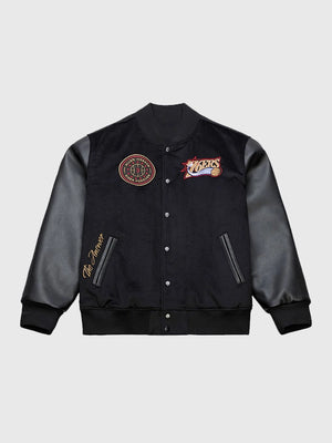 Recreated Philadelphia 76ers x Mitchell & Ness Allen Iverson black Walk The Tunnel varsity jacket with bold team graphics