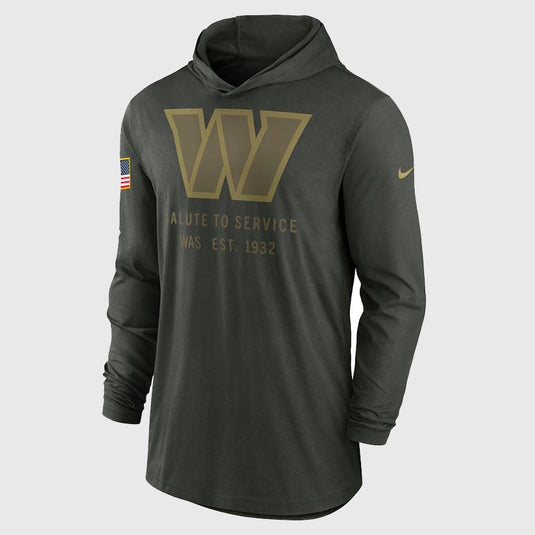 2025 Washington Commanders Salute to Service forest green hoodie T-shirt by Nike featuring breathable sideline-inspired design.