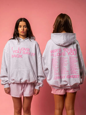 Recreated Lonely Ghost women’s oversized grey hoodie featuring Ways To Say I Love You Say It Back design