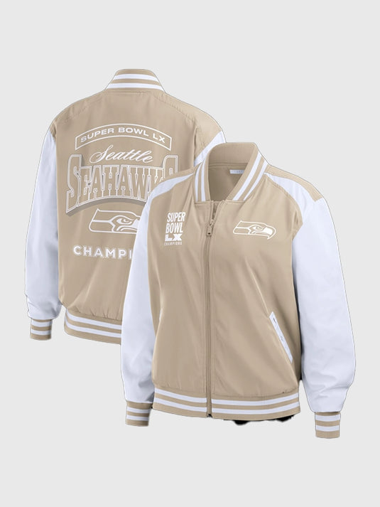 Recreated Seattle Seahawks Super Bowl LX Champions tan tonal full-zip bomber jacket by WEAR by Erin Andrews with team graphics