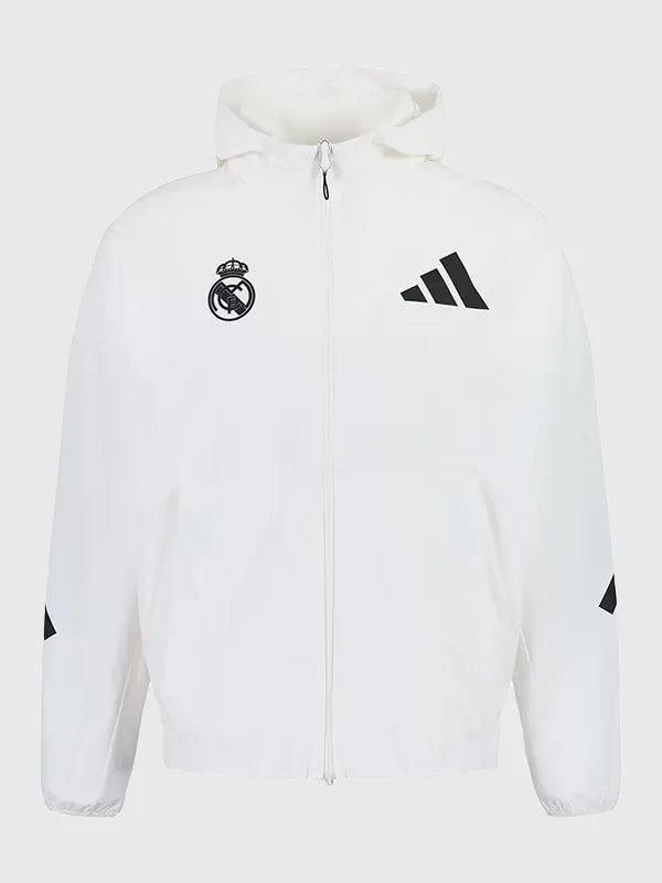 Adidas Real Madrid 2026 Urban Z.N.E. Woven Track Jacket featuring sleek performance fabric and modern athletic design