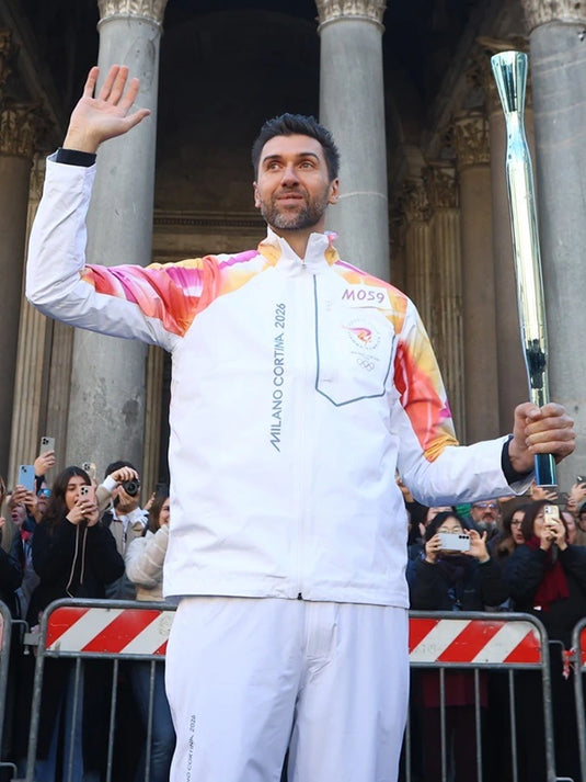 RECREATED Milano Cortina 2026 Winter Olympics jacket in white featuring a full-zip front and functional hood