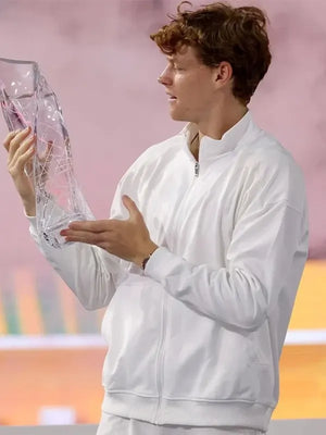 RECREATED White Miami Open 2026 Jannik Sinner Track Jacket featuring a sleek silhouette with contemporary athletic appeal