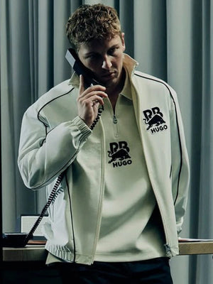 RECREATED Hugo x Red Bull 2026 White Bull Motif Full Zip Track Jacket crafted with lightweight track material and bold bull themed detailing