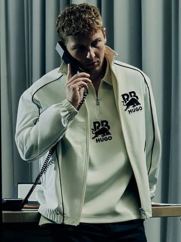 RECREATED Hugo x Red Bull 2026 White Bull Motif Full Zip Track Jacket crafted with lightweight track material and bold bull themed detailing