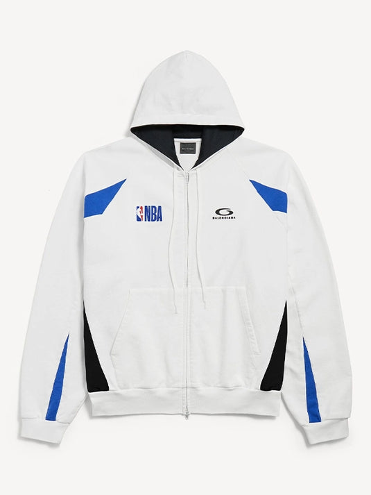 NBA x Balenciaga 2026 white fleece hoodie with oversized fit, full zip closure, and minimalist luxury streetwear feel