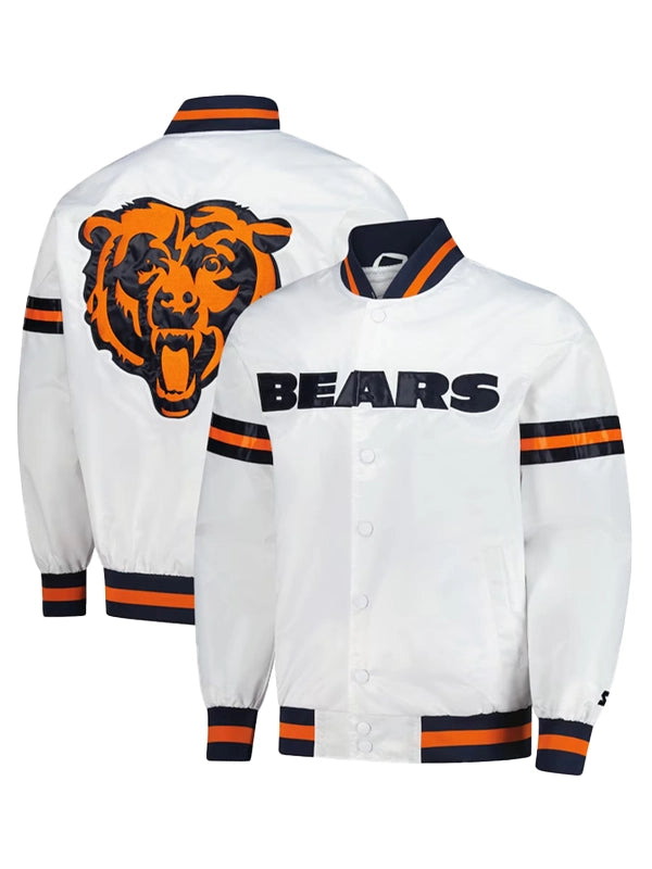 Unisex Chicago Bears Starter Scout full-snap varsity jacket in white with classic athletic-inspired styling