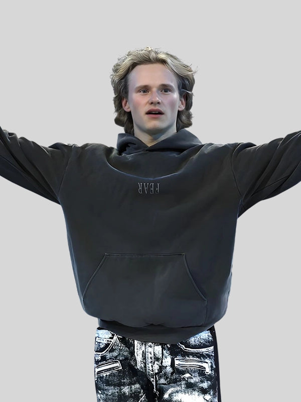 Recreated Winter Olympics 2026 Ilia Malinin grey NF Fear fleece hoodie offering roomy fit and contemporary graphics
