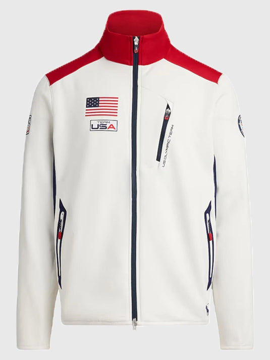 Polo Ralph Lauren red and white full-zip track jacket designed around the Milano Cortina 2026 Winter Olympics Team USA theme with a clean sporty finish