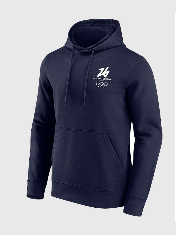 Navy hoodie showcasing front and back logo prints inspired by the Milano Cortina Winter Olympics 2026