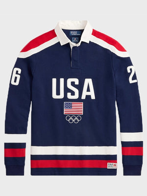 Polo Ralph Lauren navy blue rugby sweatshirt inspired by Team USA winter competition with clean lines and classic detailing
