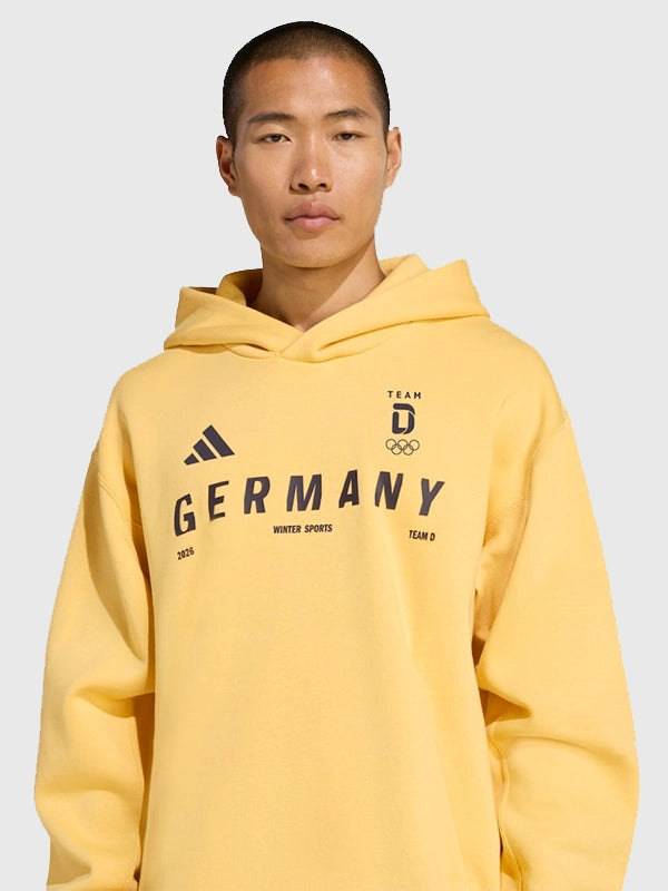 Adidas Milano Cortina 2026 Team Germany pullover hoodie in yellow blending Olympic spirit with modern casual style