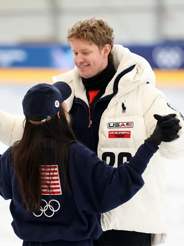 Recreated Winter Olympics 2026 Milano Cortina Evan Bates unisex off-white jacket featuring structured fit and smooth zip closure