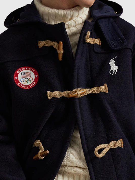 Navy blue Polo Ralph Lauren Flagbearer toggle coat reflecting Team USA winter Olympics heritage and premium design