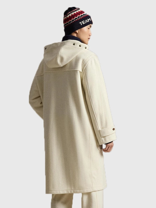 Cream Opening Ceremony toggle coat linked to Milano Cortina 2026 Winter Olympics showcasing Polo Ralph Lauren’s elevated ceremonial styling