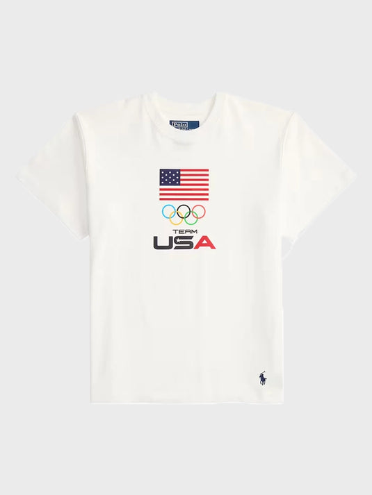 Polo Ralph Lauren white crewneck jersey tee designed around Milano Cortina 2026 Winter Olympics Team USA theme with clean sporty appeal