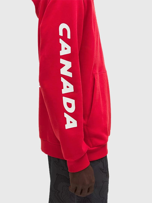 Red fleece pullover hoodie RECREATED from lululemon Team Canada Winter Olympics 2026 design with cozy athletic energy