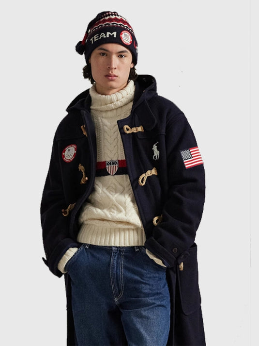 Navy blue Flagbearer toggle coat by Polo Ralph Lauren featuring Team USA Milano Cortina 2026 Winter Olympics inspired design