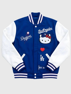 RECREATED Hello Kitty x Major League Baseball Los Angeles Dodgers Varsity Bomber Jacket in Blue & White featuring a bold two-tone silhouette with classic varsity styling