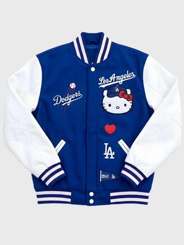 RECREATED Hello Kitty x Major League Baseball Los Angeles Dodgers Varsity Bomber Jacket in Blue & White featuring a bold two-tone silhouette with classic varsity styling